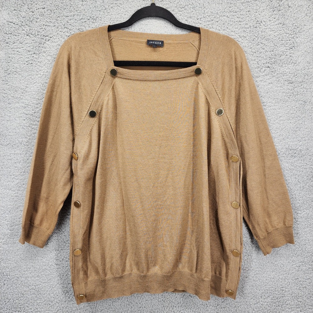 JAEGER Large Camel Brown Square Neck Button Detail 3/4‎ Sleeve Wool Knit Sweater